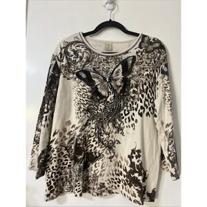Jess And Jane Top  Rhinestone‎ Butterfly Art All Over Print Long Sleeve Brown